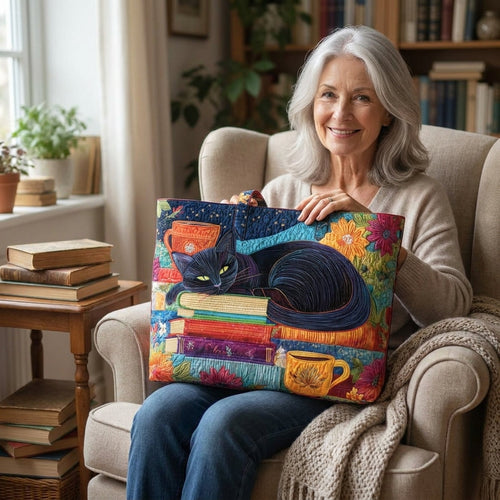 Black Cat with Books and Mugs Artisan Quilted Bag
