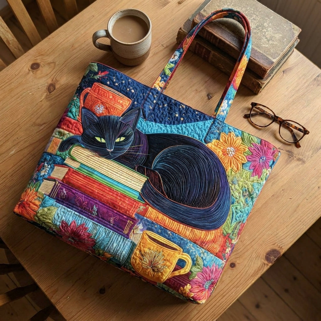 Black Cat with Books and Mugs Artisan Quilted Bag