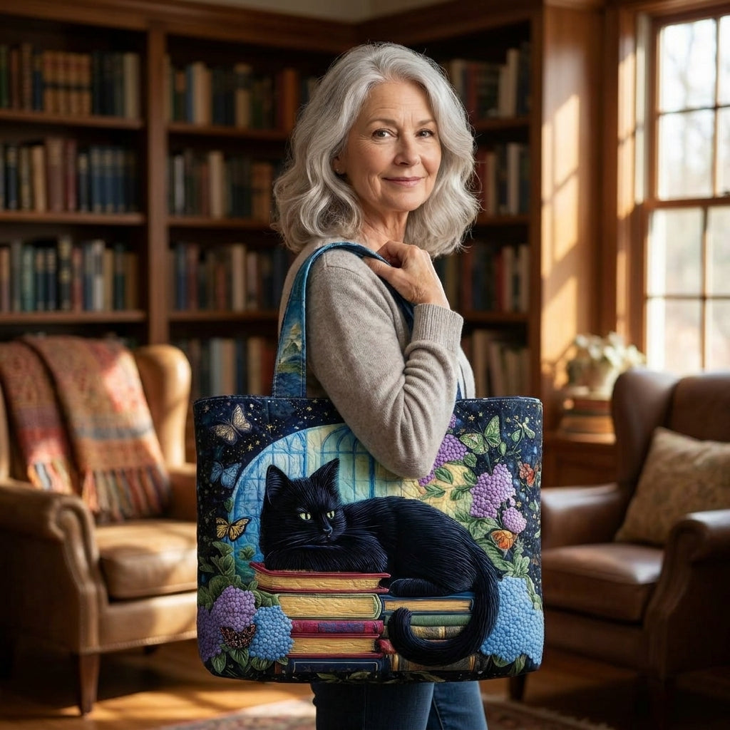 Black Cat on Books Artisan Quilted Bag