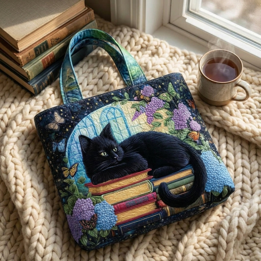 Black Cat on Books Artisan Quilted Bag