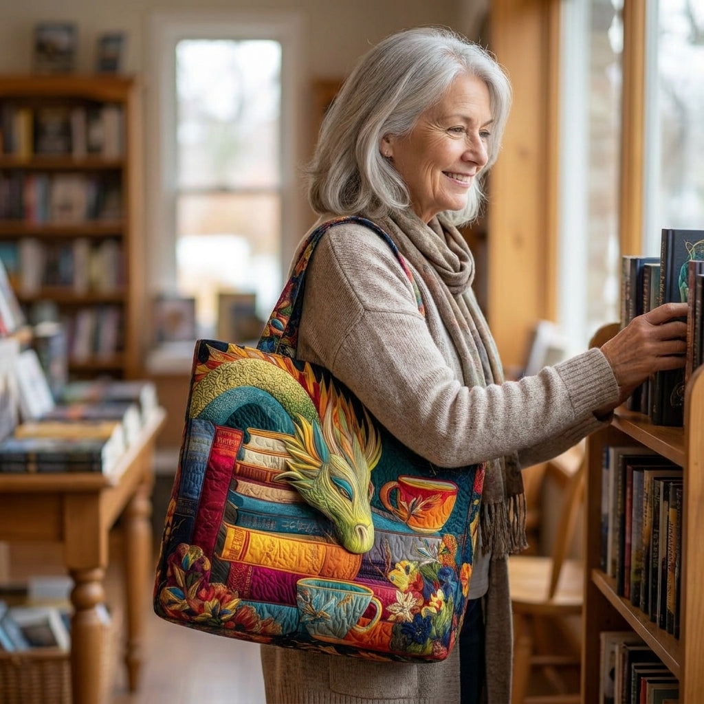 Dragon Reader with Books and Mugs Artisan Quilted Bag