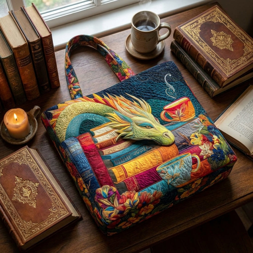 Dragon Reader with Books and Mugs Artisan Quilted Bag