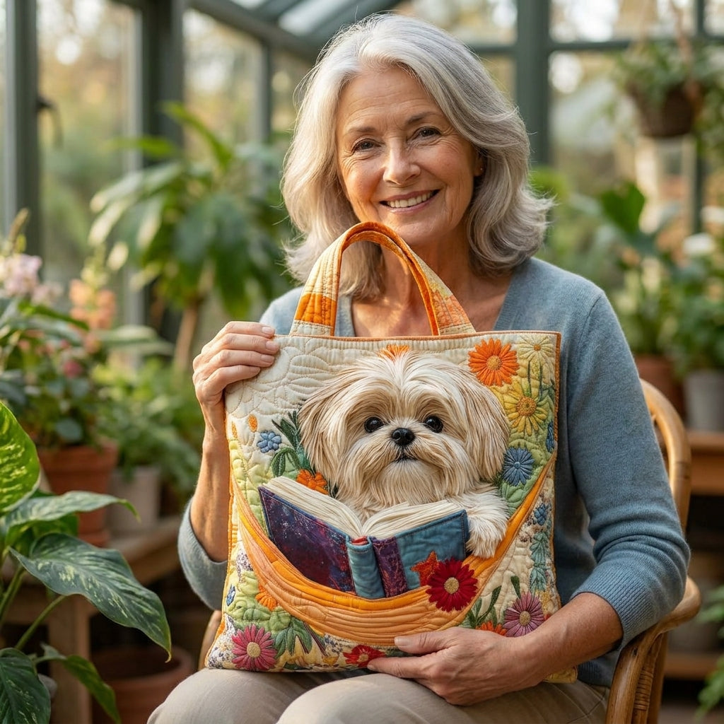 Shih Tzu with Books and Flowers Artisan Quilted Bag
