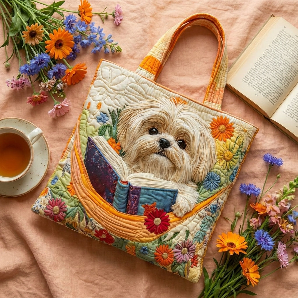 Shih Tzu with Books and Flowers Artisan Quilted Bag