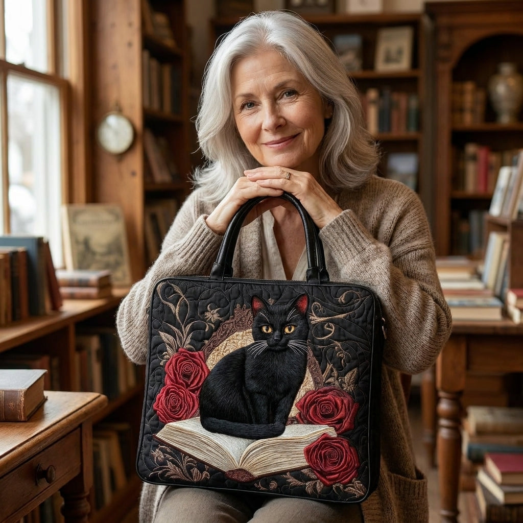 Black Cat on Books Artisan Quilted Bag