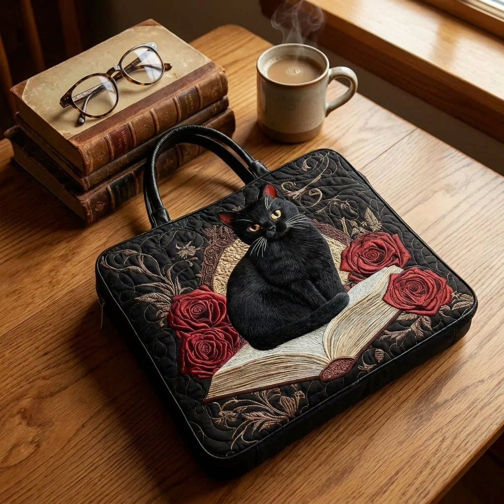 Black Cat on Books Artisan Quilted Bag