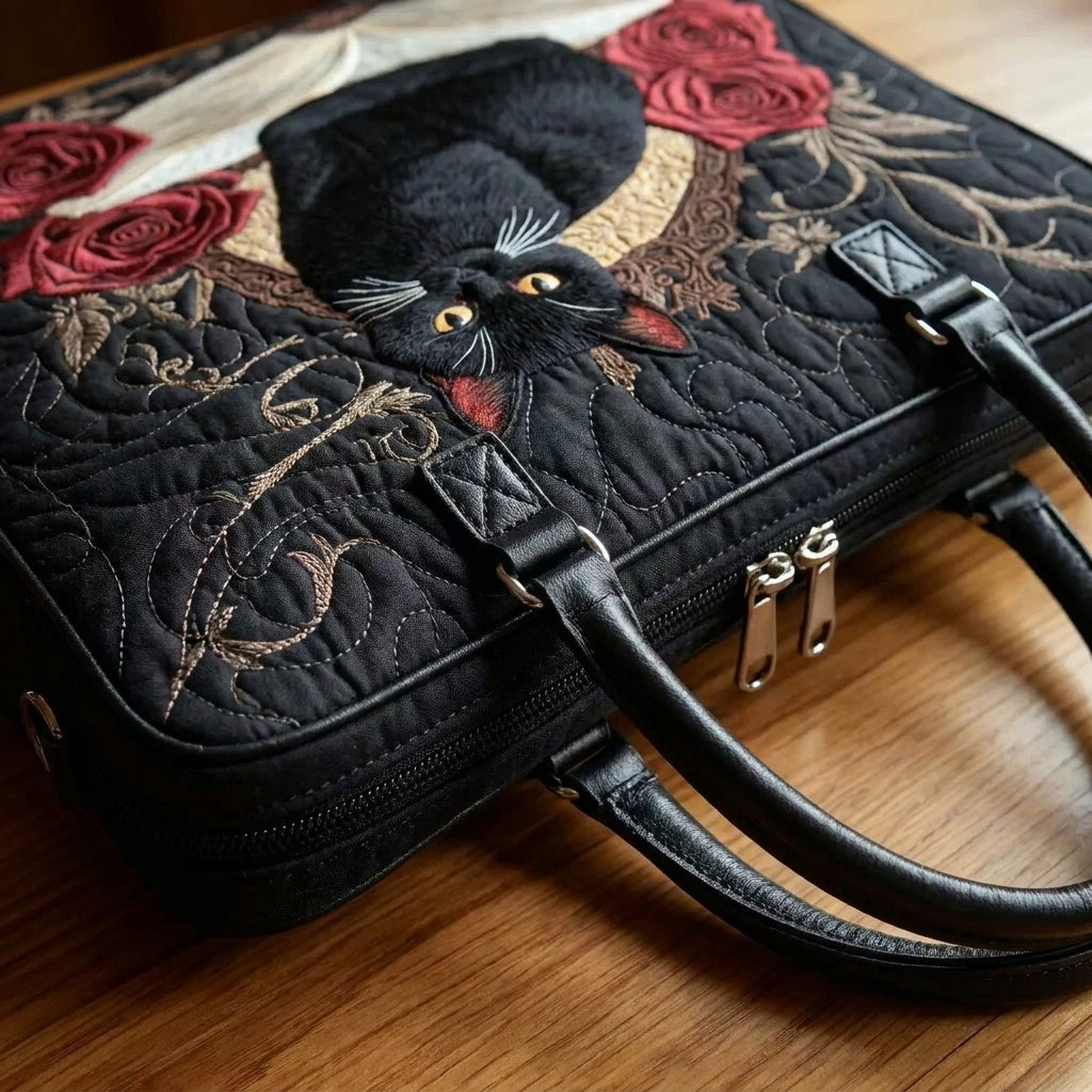 Black Cat on Books Artisan Quilted Bag