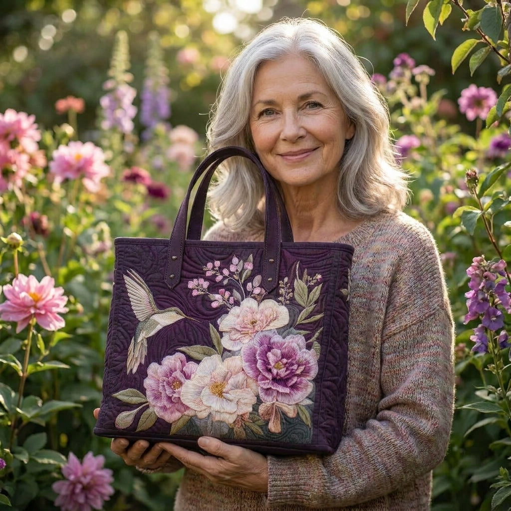 Hummingbirds and Orchids Artisan Quilted Bag