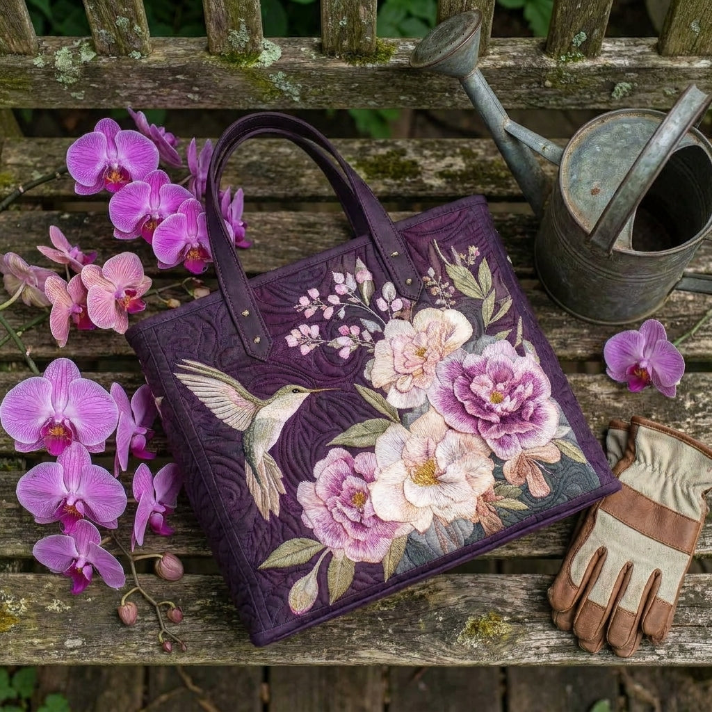 Hummingbirds and Orchids Artisan Quilted Bag