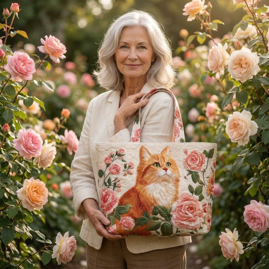 Orange Cat with Roses Artisan Quilted Bag