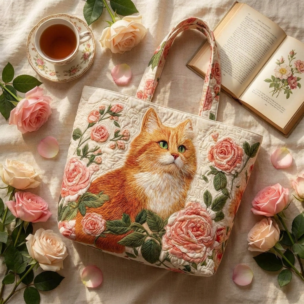 Orange Cat with Roses Artisan Quilted Bag