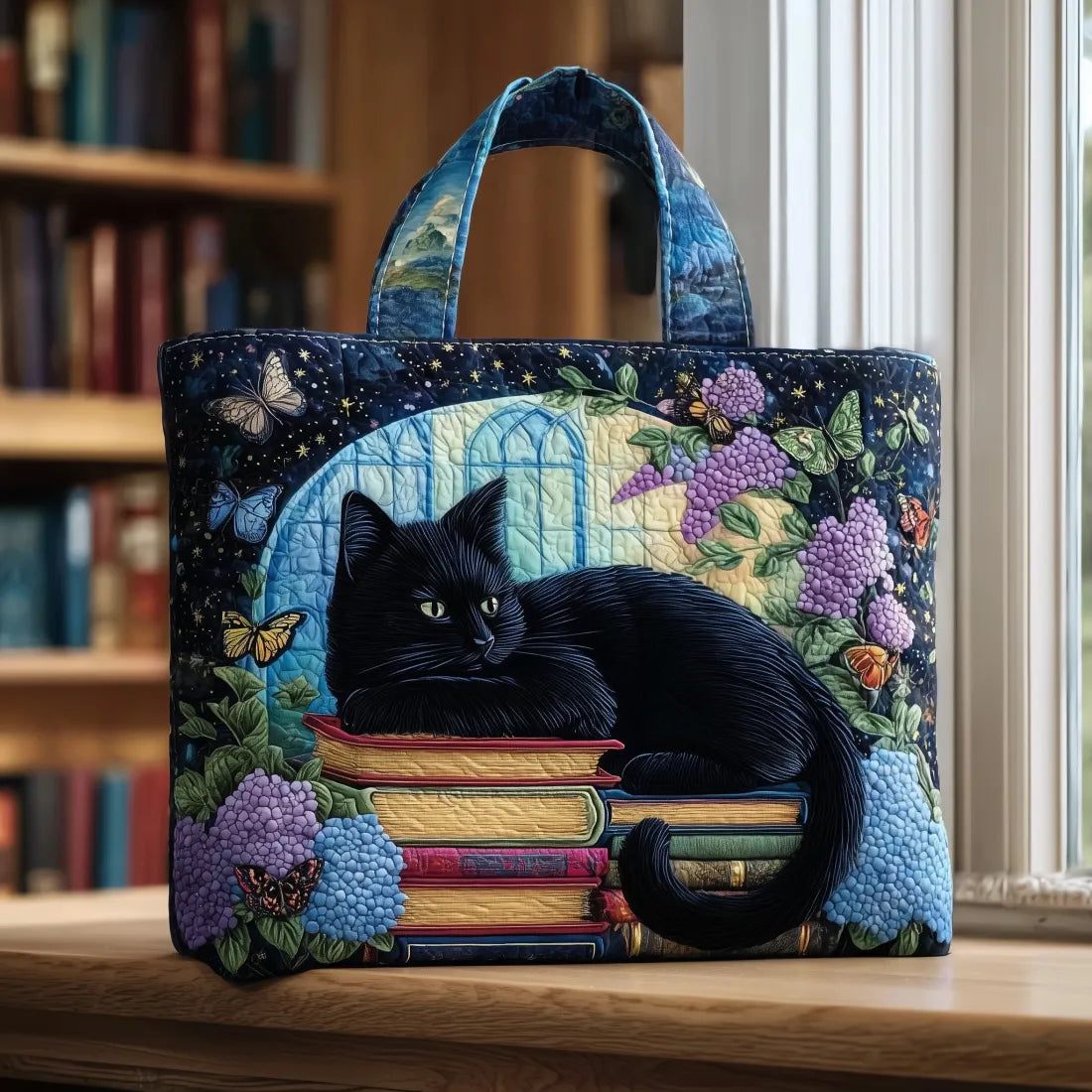 Black Cat on Books Artisan Quilted Bag