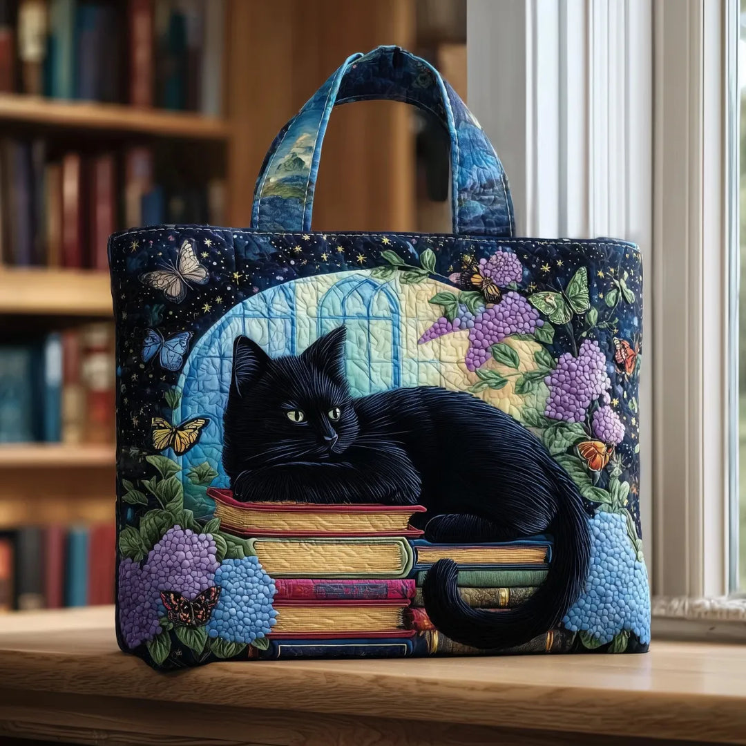 Black Cat on Books Artisan Quilted Bag