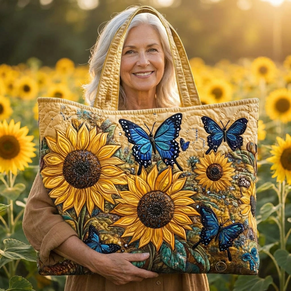 Sunflowers and Blue Butterflies Artisan Quilted Bag