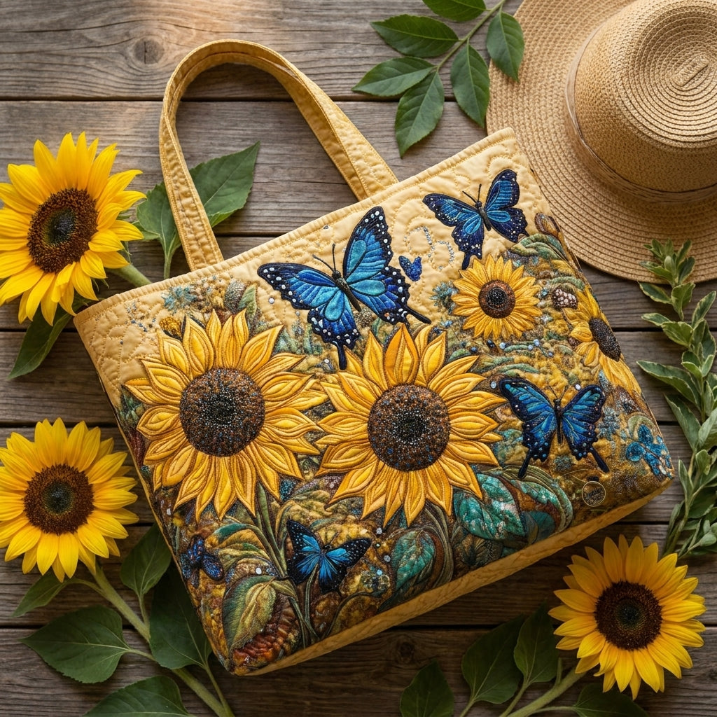 Sunflowers and Blue Butterflies Artisan Quilted Bag