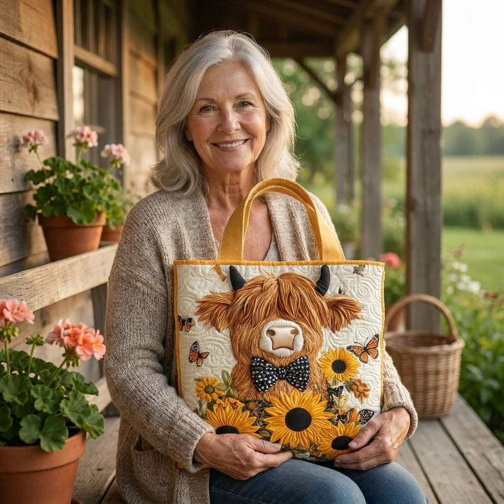 Highland Cow with Sunflowers Artisan Quilted Bag