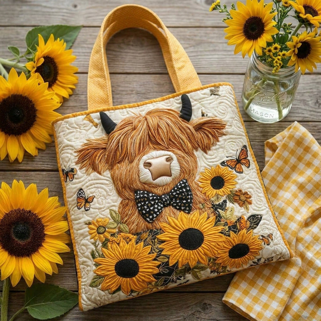 Highland Cow with Sunflowers Artisan Quilted Bag