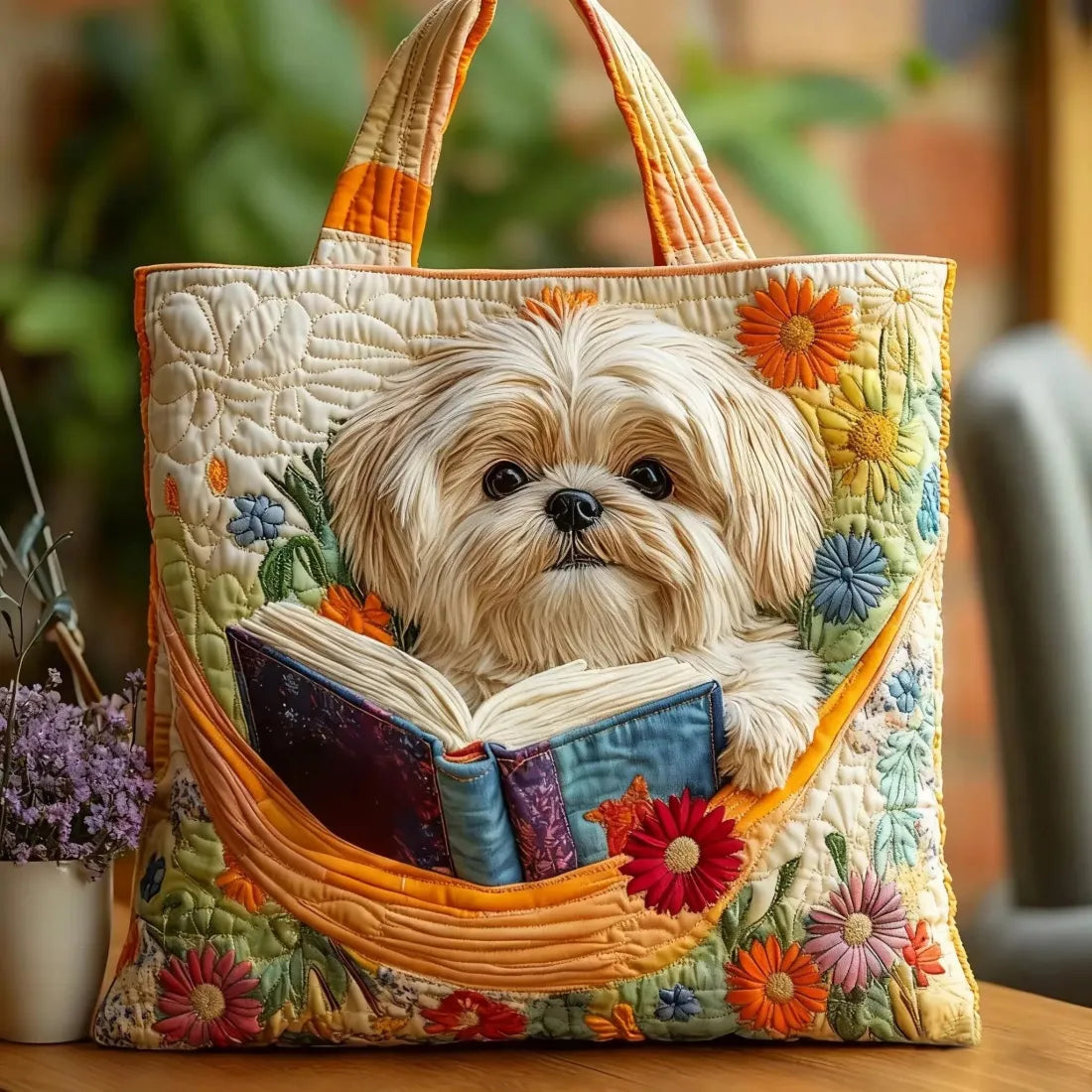 Shih Tzu with Books and Flowers Artisan Quilted Bag