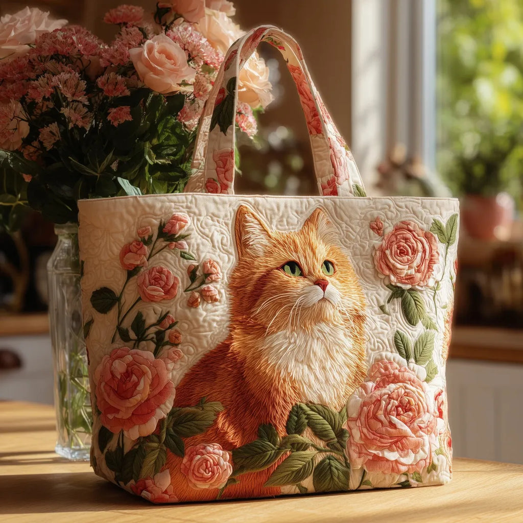 Orange Cat with Roses Artisan Quilted Bag