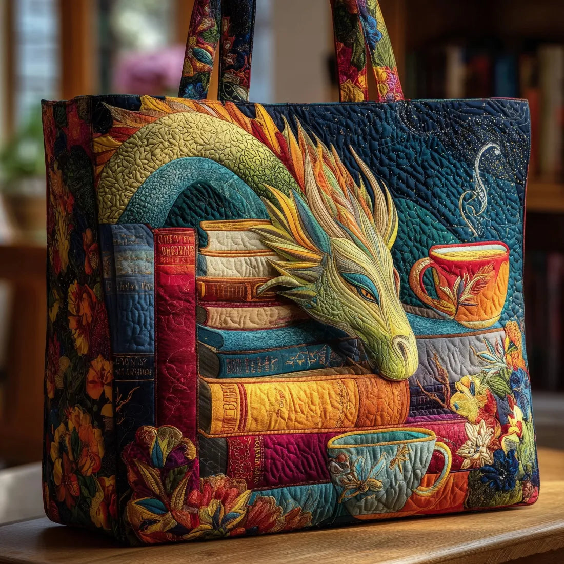 Dragon Reader with Books and Mugs Artisan Quilted Bag