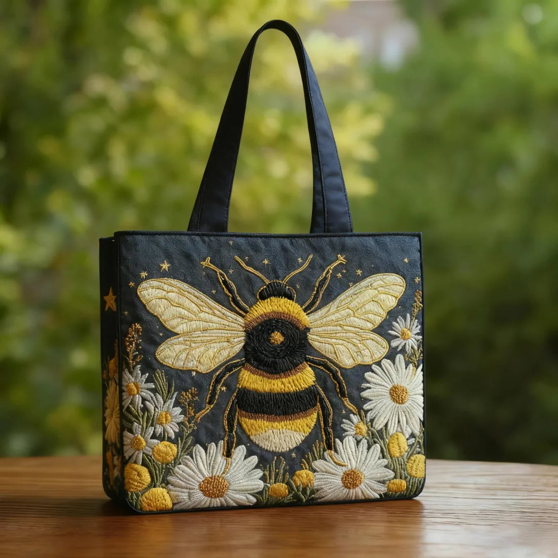 Bee with Daisies and Stars Artisan Quilted Bag