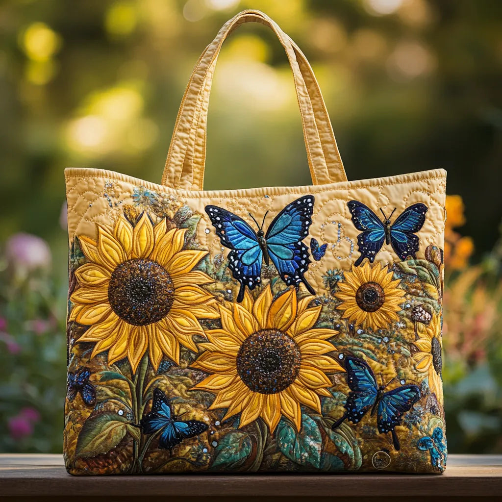 Sunflowers and Blue Butterflies Artisan Quilted Bag