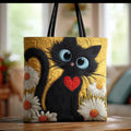 Black Cat with Daisies Artisan Quilted Bag