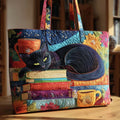 Black Cat with Books and Mugs Artisan Quilted Bag