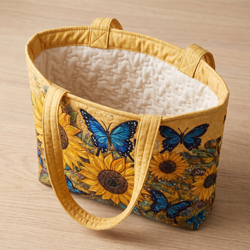 Sunflowers and Blue Butterflies Artisan Quilted Bag