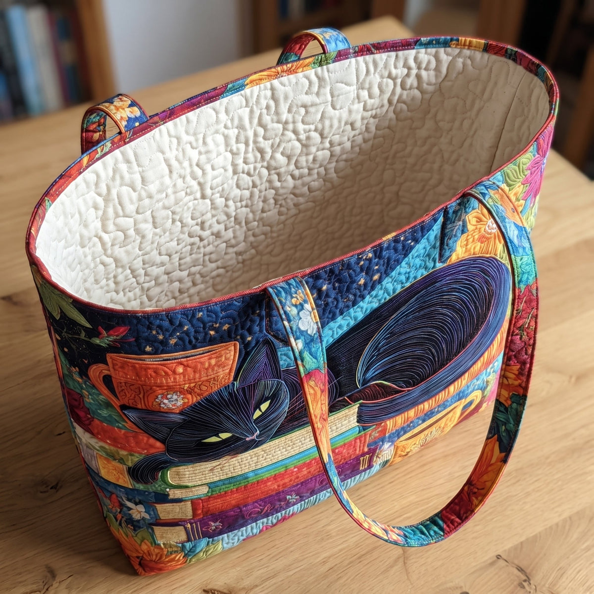 Black Cat with Books and Mugs Artisan Quilted Bag