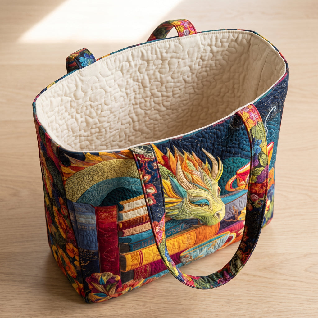 Dragon Reader with Books and Mugs Artisan Quilted Bag