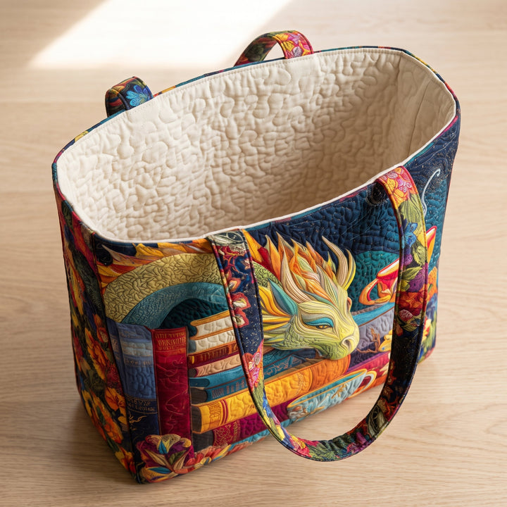 Dragon Reader with Books and Mugs Artisan Quilted Bag