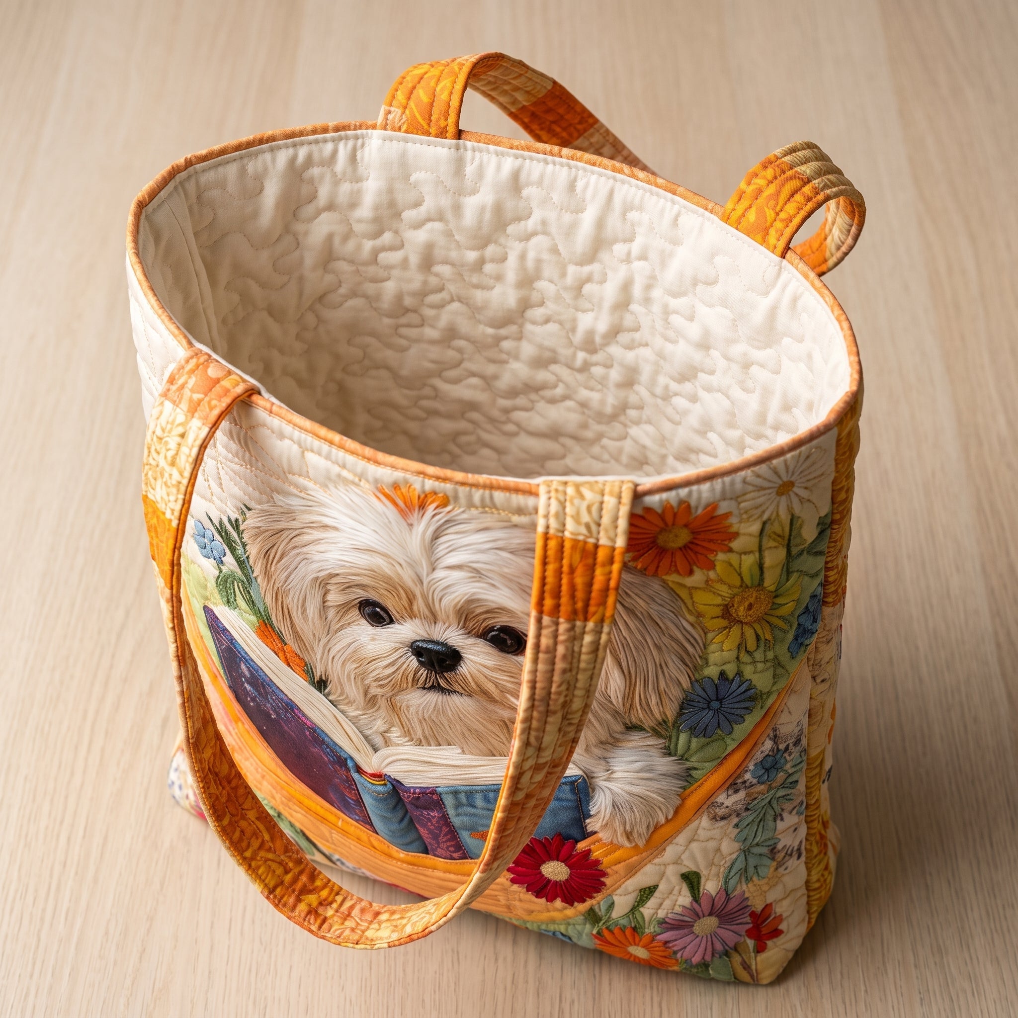 Shih Tzu with Books and Flowers Artisan Quilted Bag