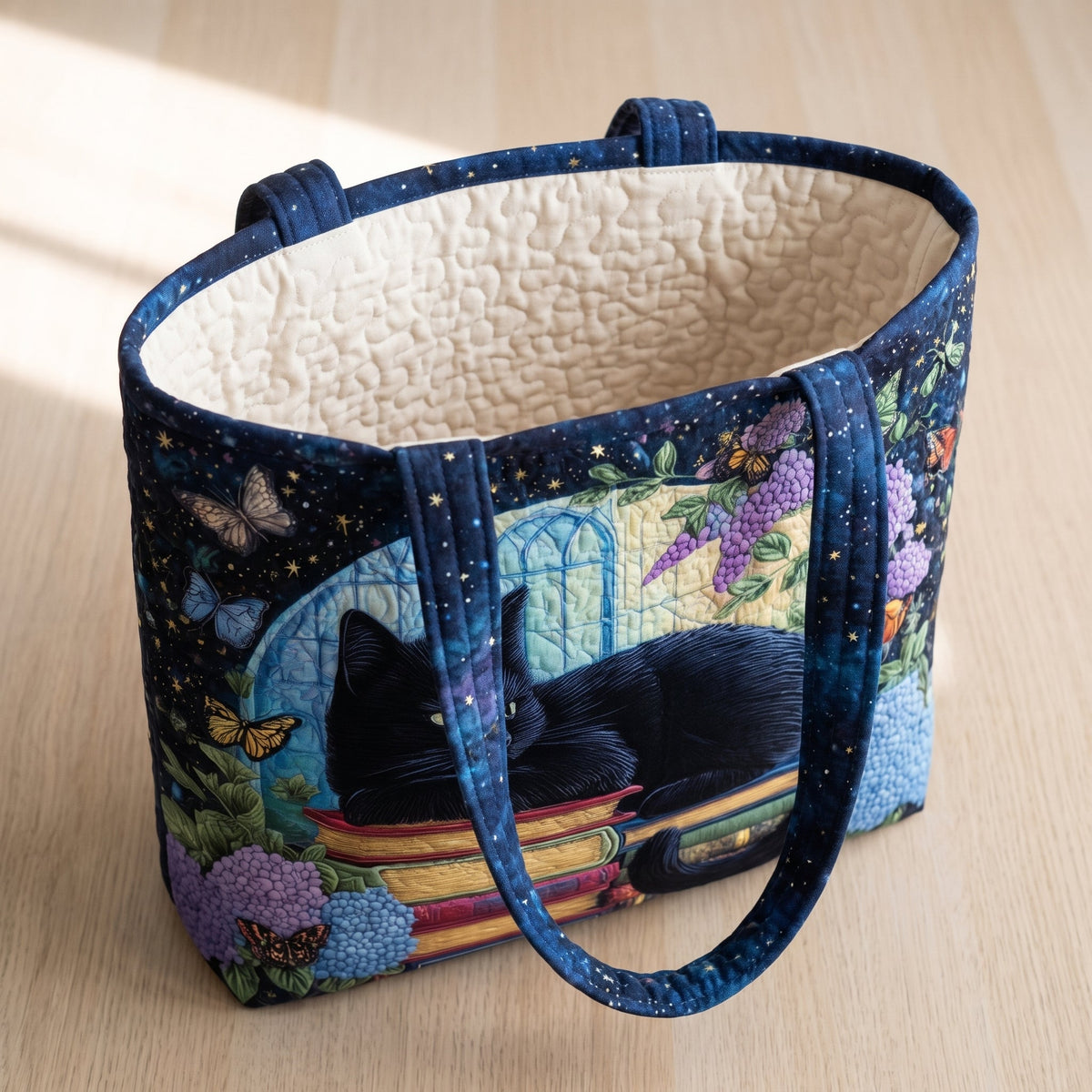 Black Cat on Books Artisan Quilted Bag