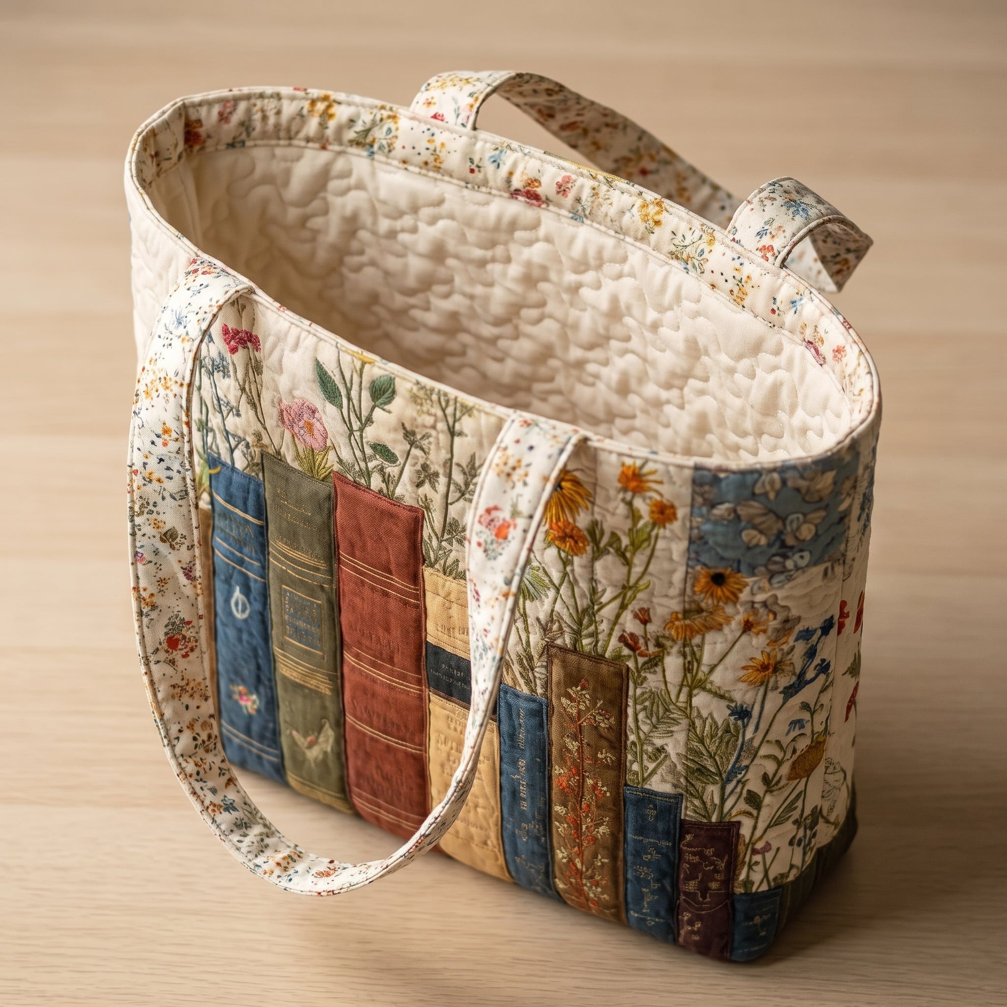 Books and Flowers Artisan Quilted Bag