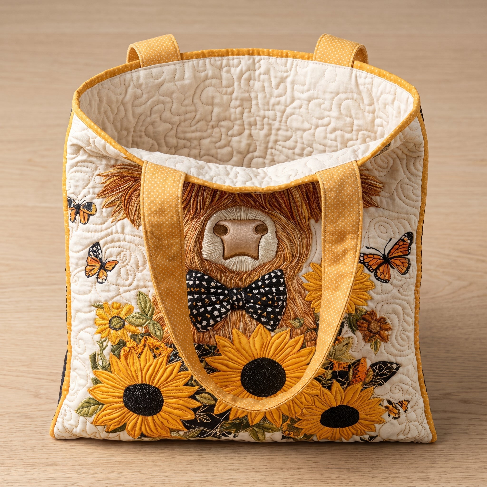Highland Cow with Sunflowers Artisan Quilted Bag