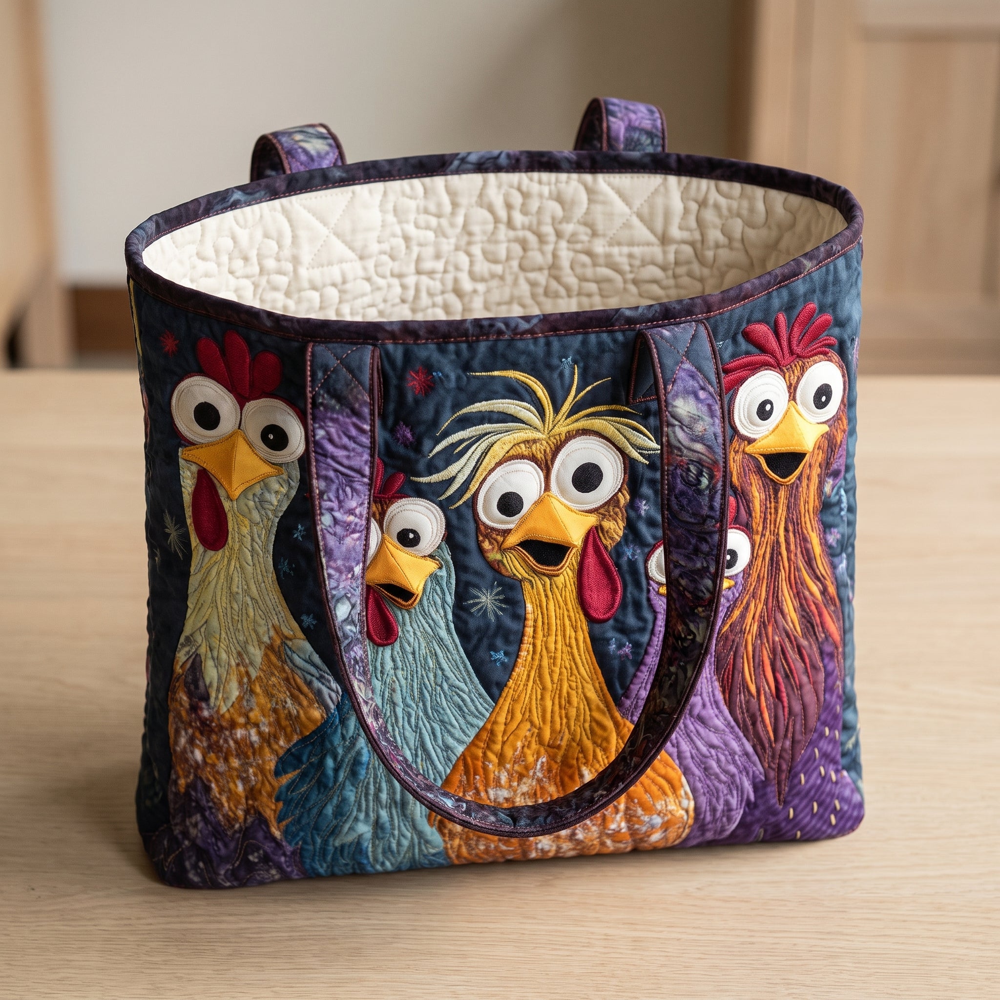 Five Colorful Chickens Artisan Quilted Bag