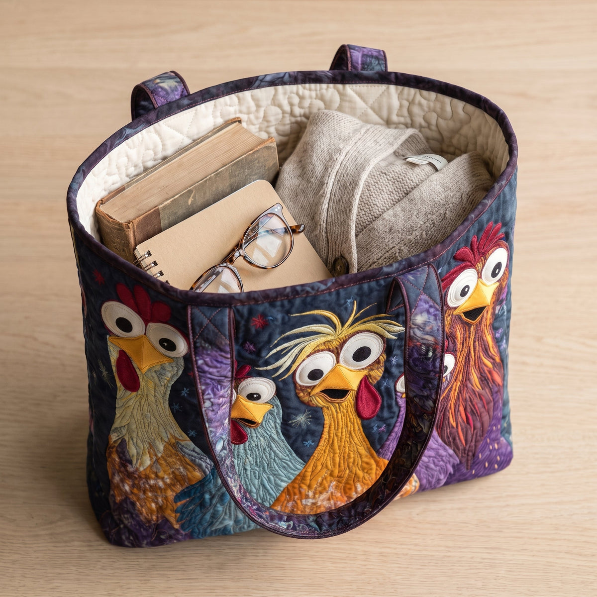 Five Colorful Chickens Artisan Quilted Bag