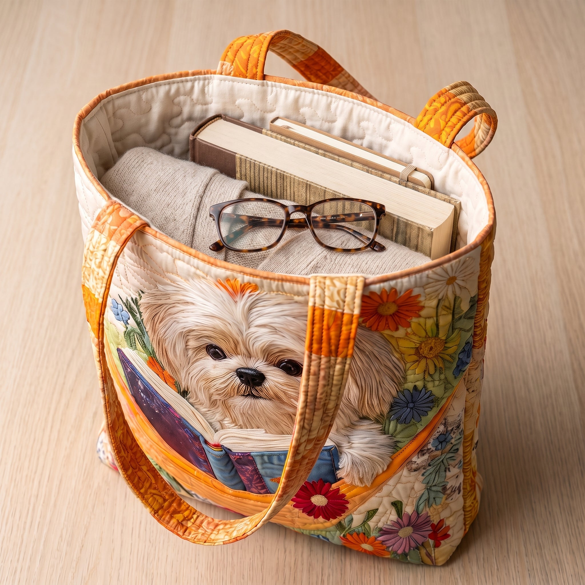 Shih Tzu with Books and Flowers Artisan Quilted Bag