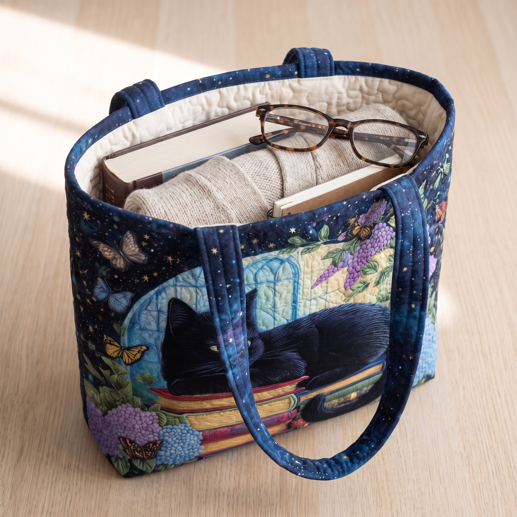 Black Cat on Books Artisan Quilted Bag