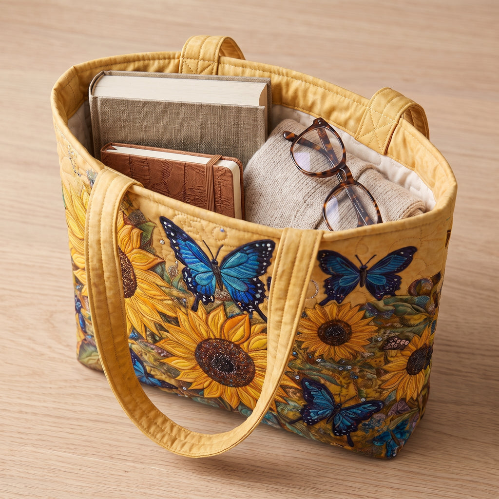 Sunflowers and Blue Butterflies Artisan Quilted Bag