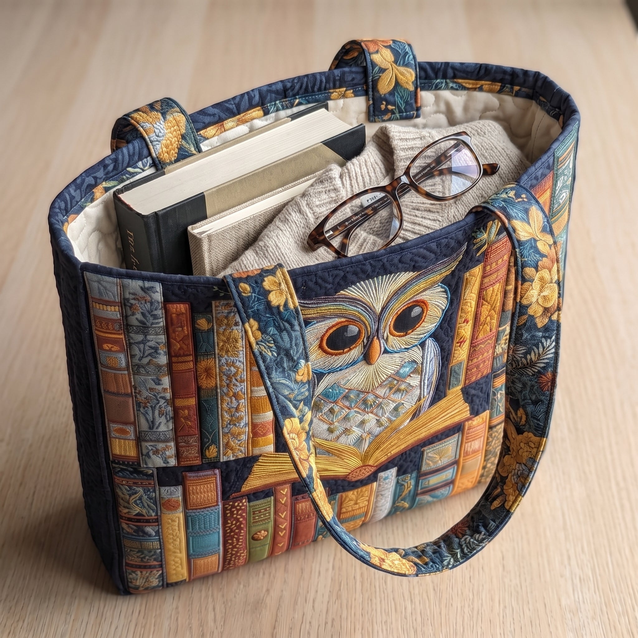 Owl and Vintage Books Artisan Quilted Bag