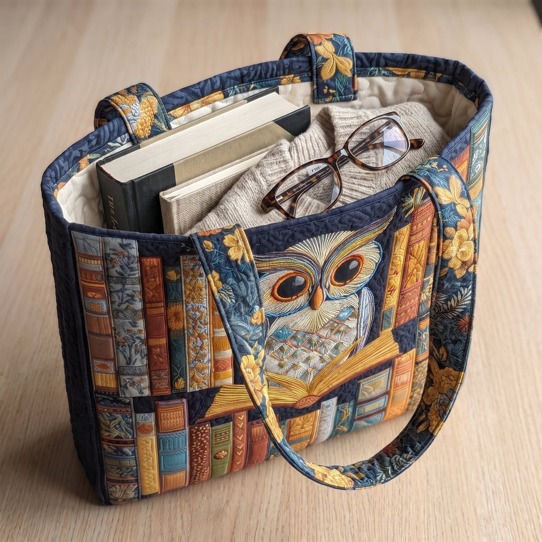 Owl and Vintage Books Artisan Quilted Bag
