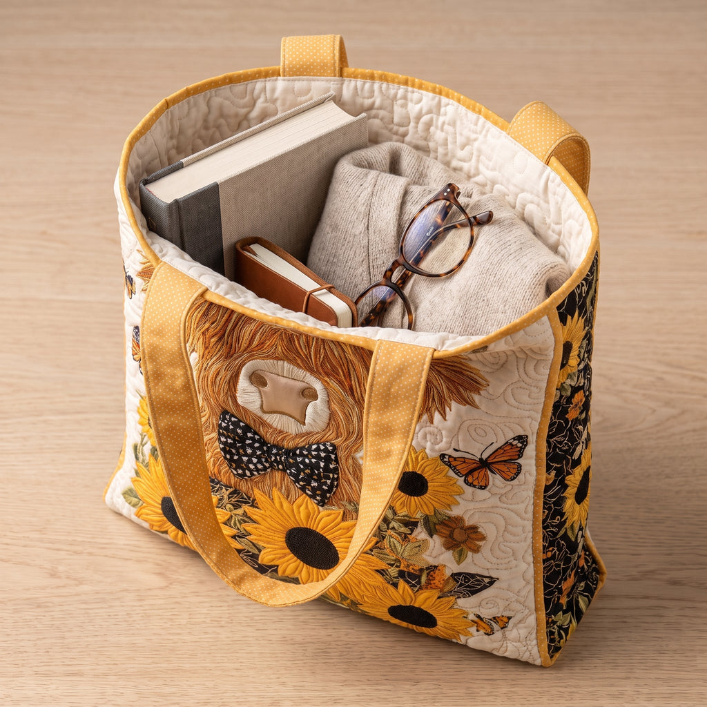 Highland Cow with Sunflowers Artisan Quilted Bag