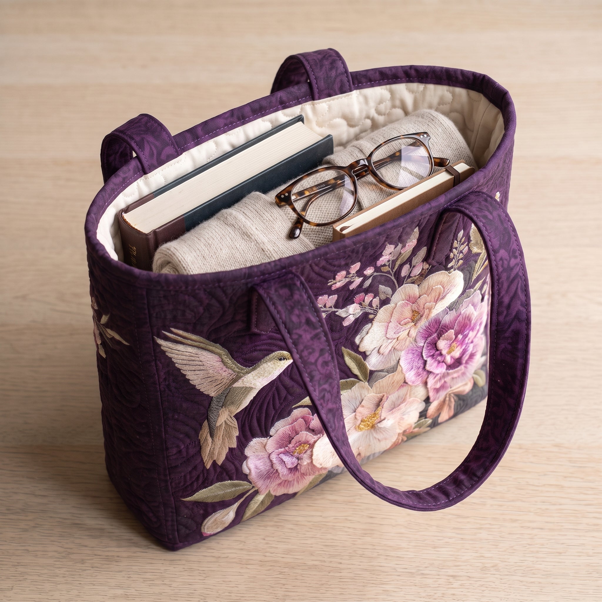 Hummingbirds and Orchids Artisan Quilted Bag