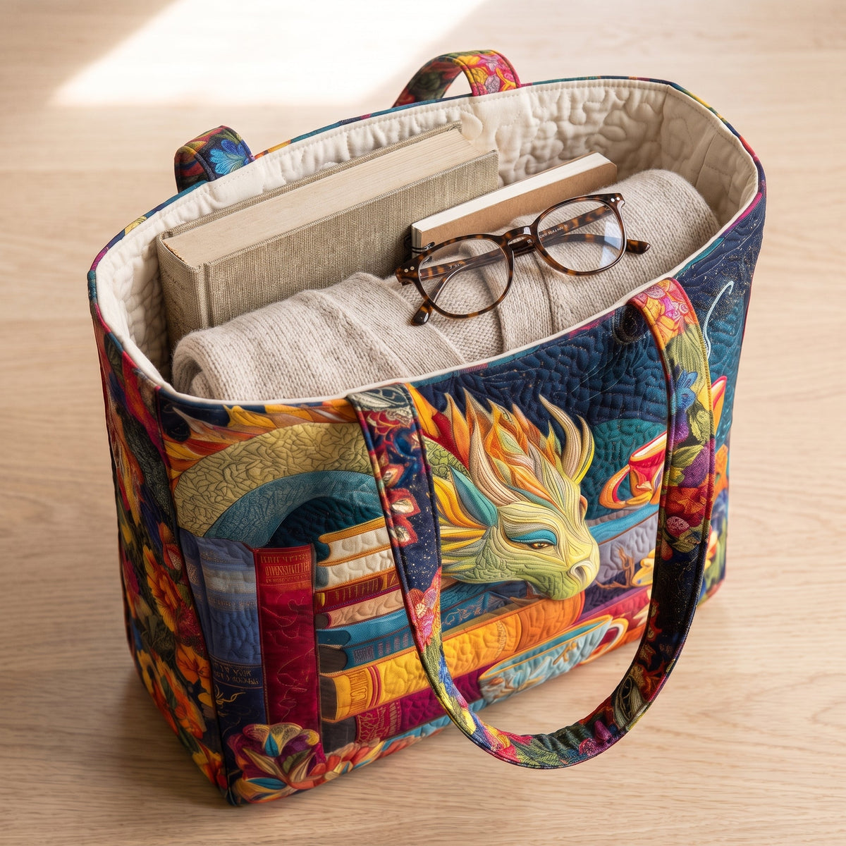 Dragon Reader with Books and Mugs Artisan Quilted Bag
