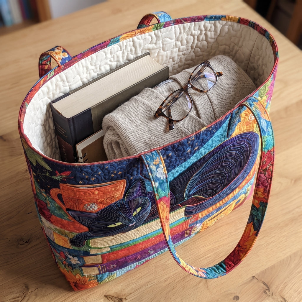 Black Cat with Books and Mugs Artisan Quilted Bag
