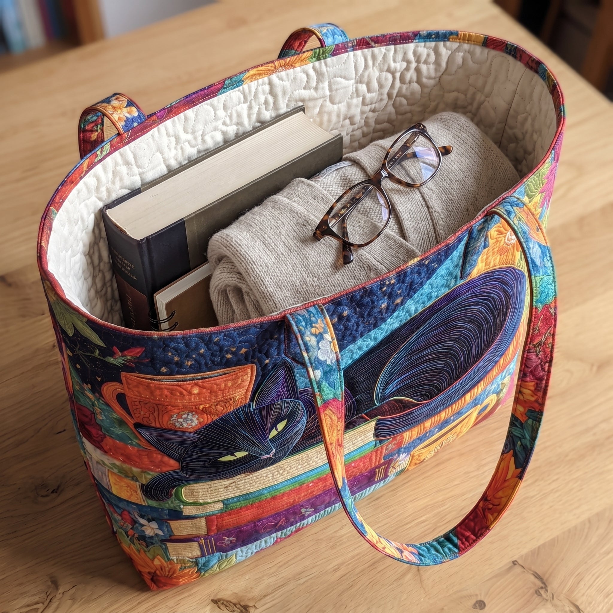 Black Cat with Books and Mugs Artisan Quilted Bag