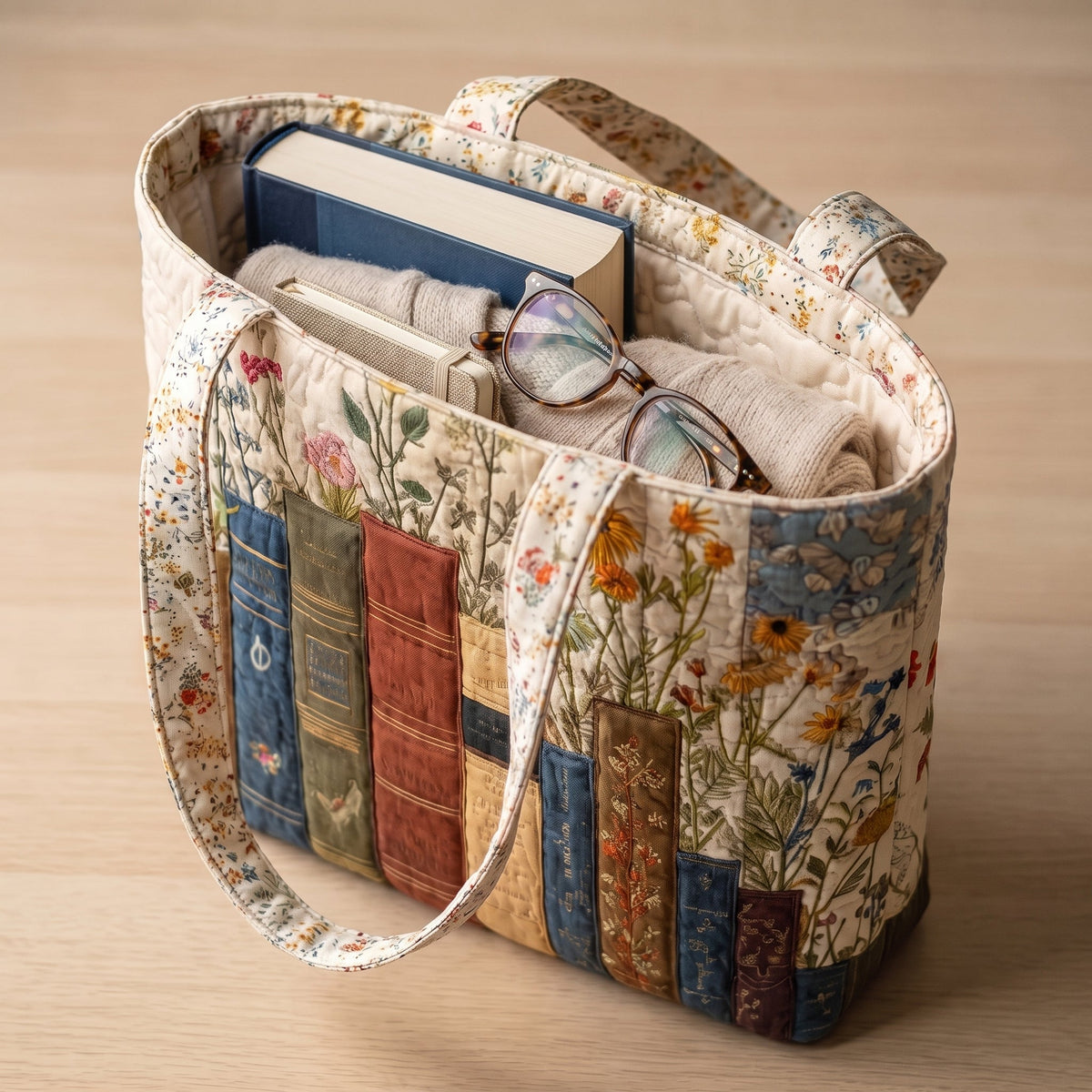 Books and Flowers Artisan Quilted Bag