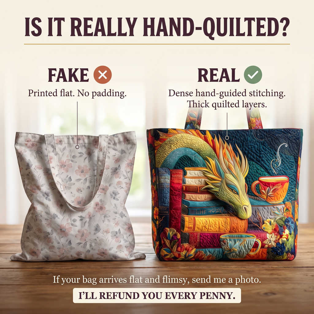 Dragon Reader with Books and Mugs Artisan Quilted Bag